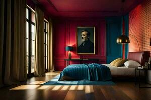 un dormitorio con un rojo y azul pared y un pintura en el pared. generado por ai foto