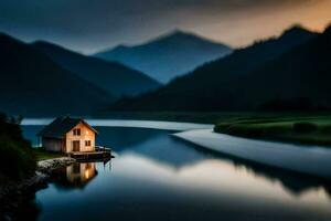 un pequeño casa se sienta en el borde de un lago. generado por ai foto