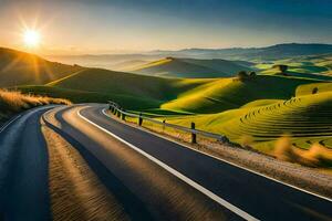 the sun rises over a winding road in the countryside. AI-Generated photo