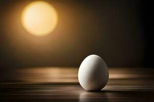 an egg sitting on a table in front of a bright light. AI-Generated photo