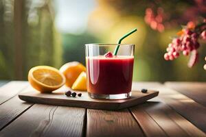 a glass of juice on a wooden table. AI-Generated photo