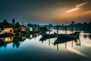 boats docked on the river at sunset. AI-Generated photo