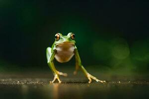 a frog is standing on its hind legs. AI-Generated photo