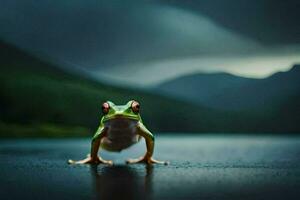 a frog standing on the edge of a lake in the dark. AI-Generated photo