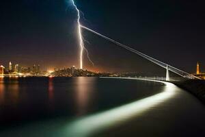 a lightning bolt is seen over the water and a city skyline. AI-Generated photo