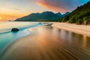 a long exposure photograph of a beach at sunset. AI-Generated photo