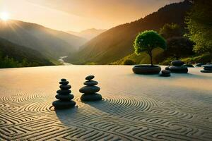 foto fondo de pantalla el cielo, montañas, rocas, árboles, piedras, zen jardín, zen. generado por ai