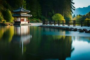 un pagoda se sienta en el borde de un lago. generado por ai foto