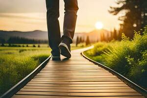 a person walking on a wooden path in the middle of a field. AI-Generated photo