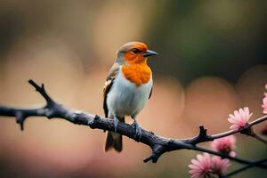 a bird sitting on a branch with pink flowers. AI-Generated photo