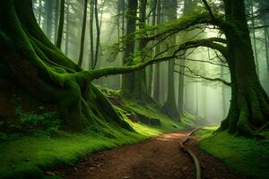 un camino mediante un verde bosque con arboles y arboles generado por ai foto