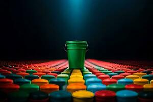 a green bucket on a black background with many colorful containers. AI-Generated photo