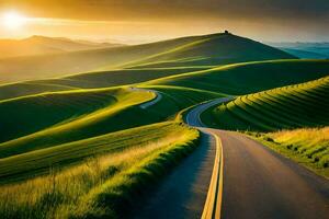 a winding road runs through the hills at sunset. AI-Generated photo