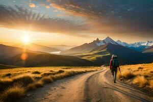 un hombre camina en un suciedad la carretera en el montañas. generado por ai foto