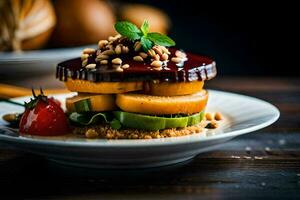 a plate with a dessert on it. AI-Generated photo
