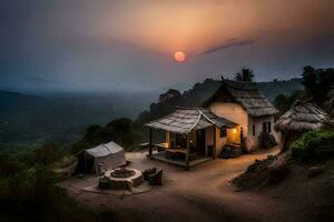 a hut sits on top of a hill at sunset. AI-Generated photo