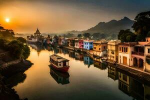 un río en India con barcos y casas generado por ai foto