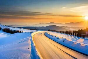 a road in the snow with the sun setting. AI-Generated photo
