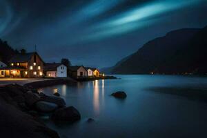 un casa en el apuntalar de un lago a noche. generado por ai foto