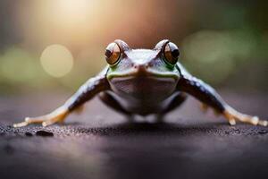 a frog is sitting on the ground with its eyes open. AI-Generated photo