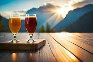 two glasses of beer on a wooden table with mountains in the background. AI-Generated photo