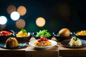 un mesa con diferente tipos de comida en él. generado por ai foto