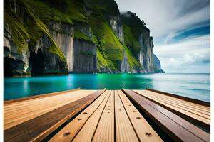 a wooden dock in front of a cliff. AI-Generated photo