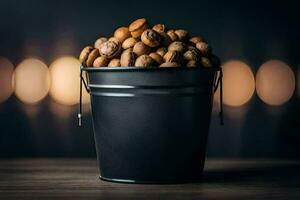 nuts in a bucket on a table. AI-Generated photo