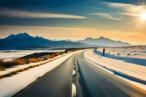 a road in the snow with mountains in the background. AI-Generated photo