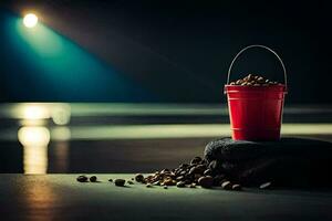 a red bucket with nuts on the floor. AI-Generated photo