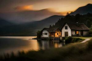 un casa se sienta en el apuntalar de un lago a puesta de sol. generado por ai foto