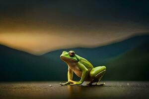 a frog sitting on the ground in front of a mountain. AI-Generated photo