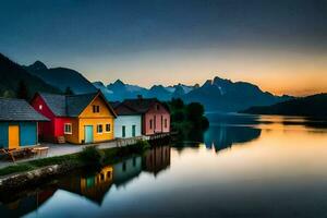 vistoso casas en el apuntalar de un lago a puesta de sol. generado por ai foto