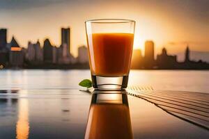 a glass of orange juice on a table in front of a city skyline. AI-Generated photo