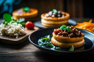 un plato de comida con carne y vegetales. generado por ai foto