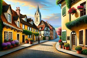 an illustration of a street in a european town. AI-Generated photo