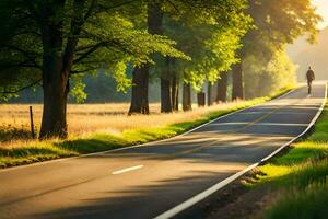 a man riding a bike down a country road. AI-Generated photo