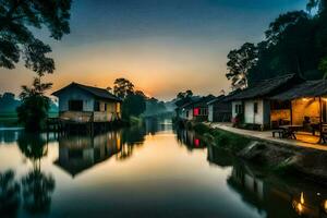 the sun sets over a river in a village. AI-Generated photo