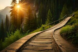 a wooden path leads to the sun in the mountains. AI-Generated photo