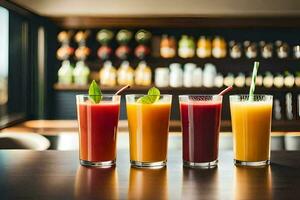 five different juices are lined up on a bar. AI-Generated photo