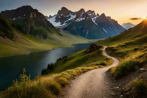 un suciedad la carretera Guías a un lago y montañas a puesta de sol. generado por ai foto