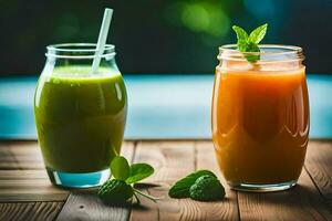 dos lentes de verde y naranja jugo en un de madera mesa. generado por ai foto