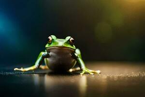 a frog sitting on a table with a blurry background. AI-Generated photo