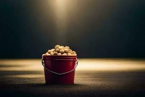 a bucket of peanuts on a dark floor. AI-Generated photo