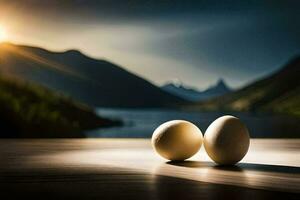 two eggs sit on a table in front of a lake. AI-Generated photo