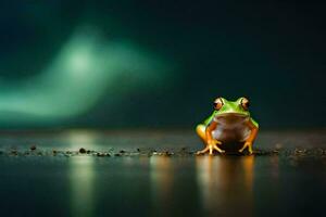 a frog sitting on the ground in front of a green light. AI-Generated photo