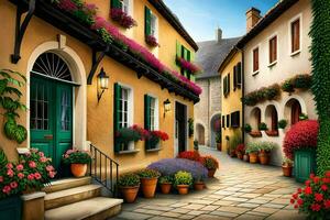 a painting of a street with flowers and potted plants. AI-Generated photo