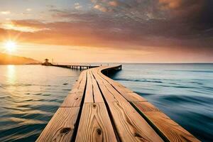 a wooden pier stretches out into the ocean at sunset. AI-Generated photo