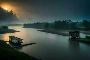 a boat sits on the water in front of a house. AI-Generated photo