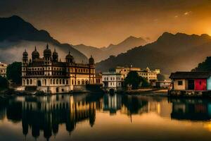 photo wallpaper the sky, mountains, lake, sunset, the city, india, uda. AI-Generated